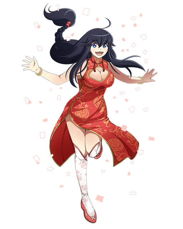 1girl, ahoge, artist_request, black_hair, blue_eyes, bracelet, breasts, china_dress, chinese_clothes, cleavage, cleavage_cutout, clothing_cutout, dress, full_body, game_cg, gold_bracelet, jewelry, kanami_(log_horizon), large_breasts, log_horizon, log_horizon_new_adventure_land, long_hair, looking_at_viewer, multiple_bracelets, official_alternate_costume, official_art, open_mouth, orange_shoes, red_dress, shoes, simple_background, smile, solo, standing, standing_on_one_leg, thighhighs, third-party_source, transparent_background, very_long_hair, white_thighhighs