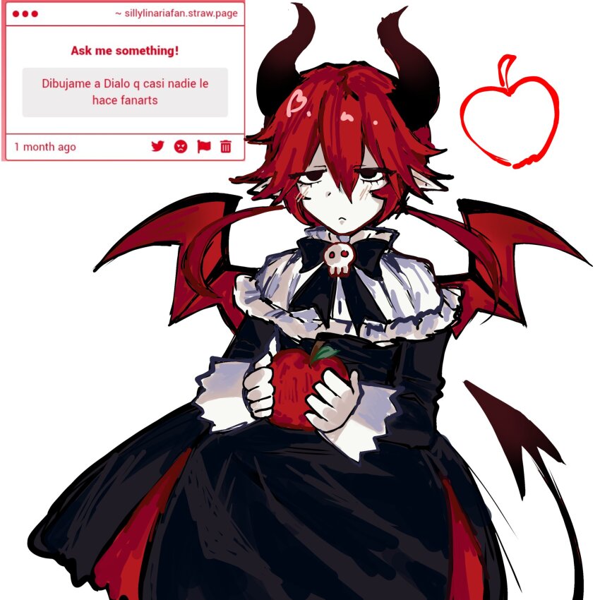 1girl, apple, black_bow, black_dress, black_eyes, black_horns, black_tail, bow