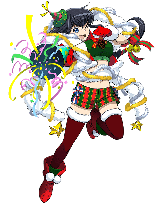 1girl, artist_request, black_hair, blue_eyes, boots, braid, breasts, christmas