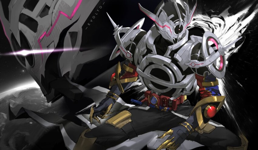 1boy, black_hole, character_name, earth_(planet), evol_driver, highres, kamen_rider, kamen_rider_build_(series), kamen_rider_evol, kamen_rider_evol_(black_hole_form), male_focus, monochrome_background, planet, rider_belt, sanqie, shoulder_spikes, spikes