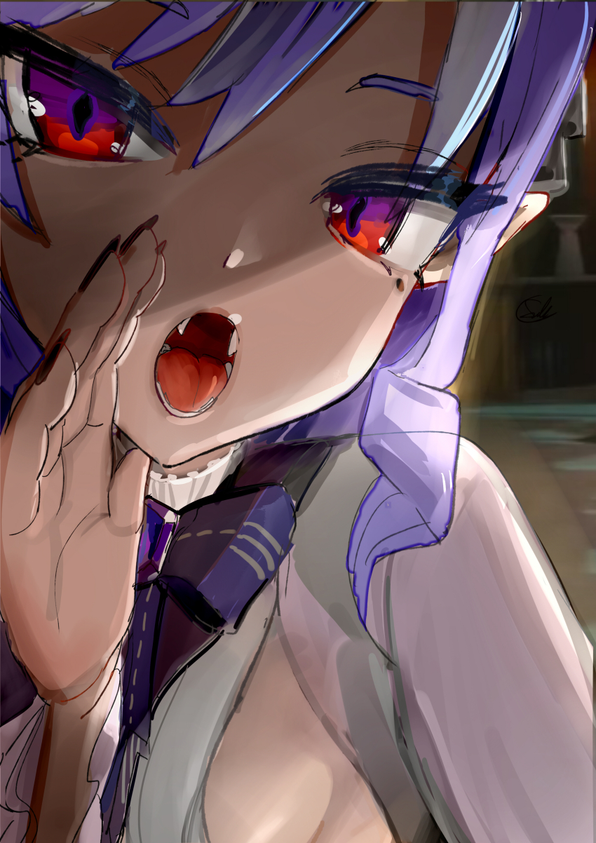 1girl, absurdres, ascot, black_nails, bow, bowtie, breast_curtains, drill_hair, forescatt, hairband, highres, mole, mole_under_eye, multicolored_eyes, open_mouth, pointy_ears, purple_ascot, purple_bow, purple_bowtie, purple_hairband, purple_umbrella, red_eyes, sharp_teeth, shrug_(clothing), sideboob_cutout, teeth, umbrella, vivian_banshee, white_shrug, zenless_zone_zero