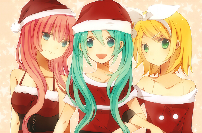 3girls, aqua_eyes, aqua_hair, bare_shoulders, blonde_hair, green_eyes, hair_ornament, hair_ribbon, hairclip, hat, hatsune_miku, highres, kagamine_rin, long_hair, megurine_luka, multiple_girls, open_mouth, ribbon, santa_costume, santa_hat, short_hair, smile, syutyou, twintails, vocaloid