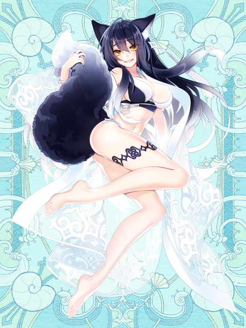 1girl, animal_ears, ass, barefoot, bikini, black_hair, breasts, full_body, kerberos_blade, long_hair, looking_at_viewer, medium_breasts, navel, roma_(tw), sakimori_hibiki, smile, solo, standing, swimsuit, tail, thigh_strap, yellow_eyes