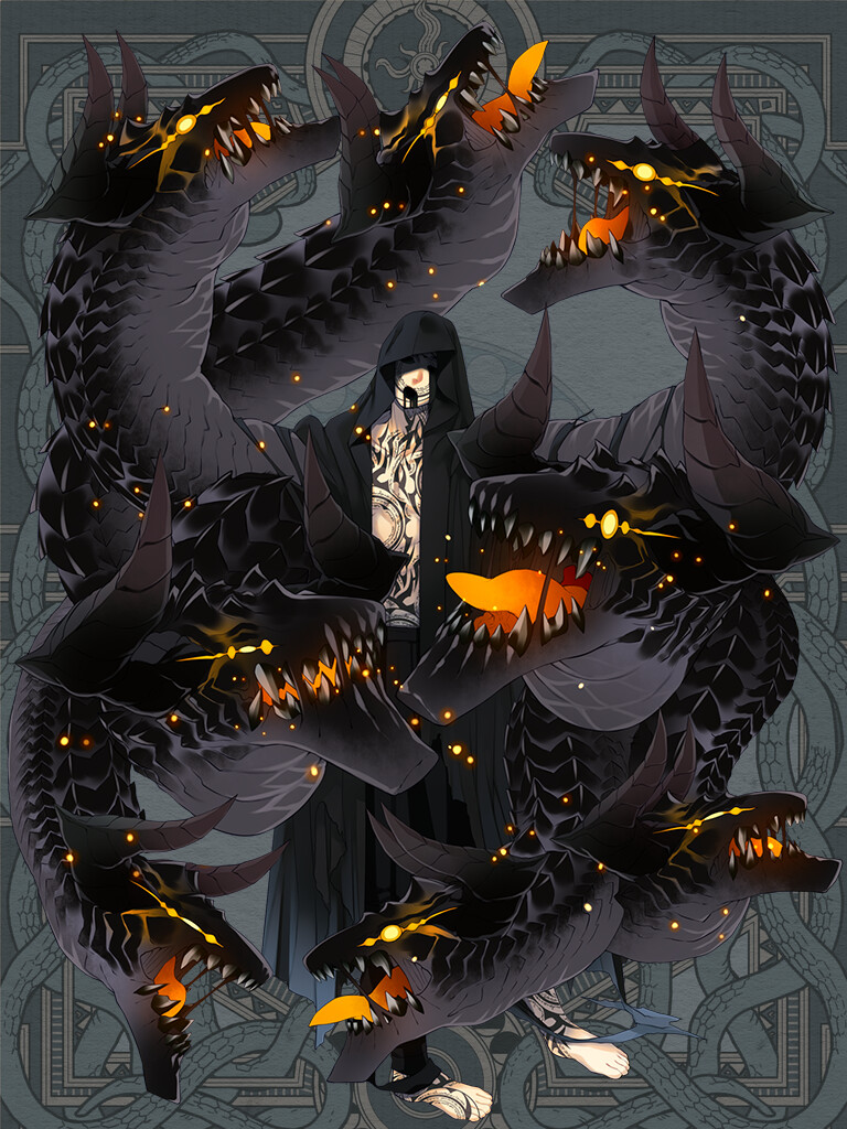 1boy, barefoot, black_eyes, black_robe, dairoku_ryouhei, grey_background, hooded_robe, horns