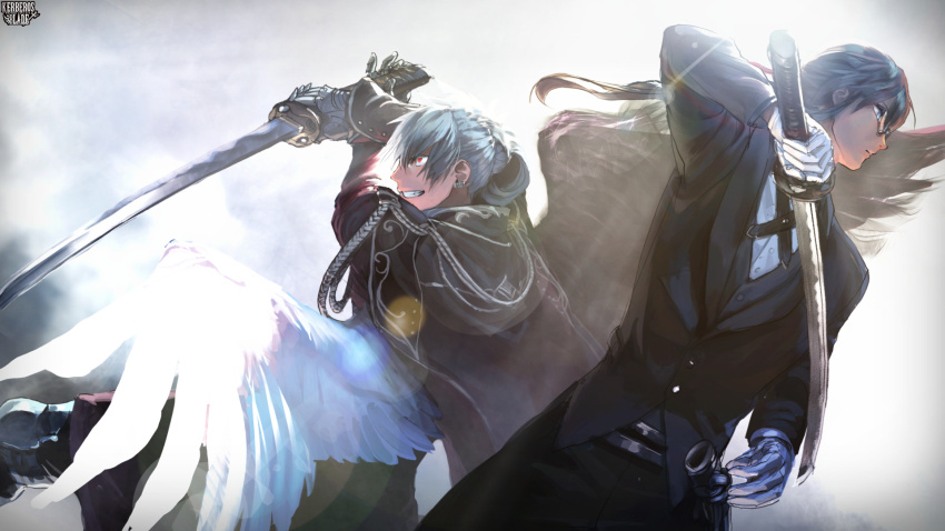 2boys, aiguillette, blue_eyes, clenched_teeth, copyright_name, day, earrings, fighting_stance