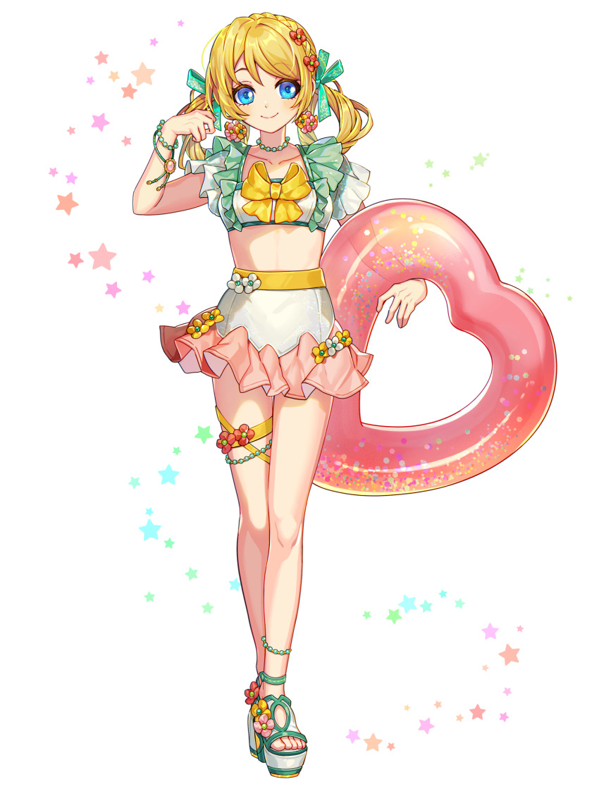 1girl, bead_bracelet, bead_necklace, beads, blonde_hair, blue_eyes, bow, bracelet, breasts, dairoku_ryouhei, flower, green_bow, hachi_(tw), hair_bow, hair_flower, hair_ornament, heart-shaped_innertube, highres, innertube, jewelry, koisuru_suzurism, long_hair, looking_at_viewer, midriff, necklace, platform_sandals, sandals, short_twintails, skirt, small_breasts, smile, solo, swim_ring, thigh_strap, transparent_background, twintails, white_skirt, yellow_bow