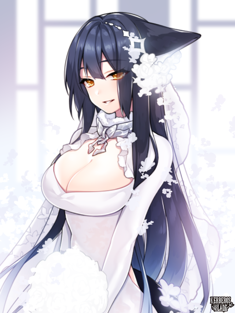 1girl, animal_ears, black_hair, breasts, cleavage, copyright_name, dress, indoors, kerberos_blade, large_breasts, long_hair, long_sleeves, looking_at_viewer, roma_(tw), sakimori_hibiki, smile, solo, standing, very_long_hair, wedding_dress, white_background, white_dress, yellow_eyes