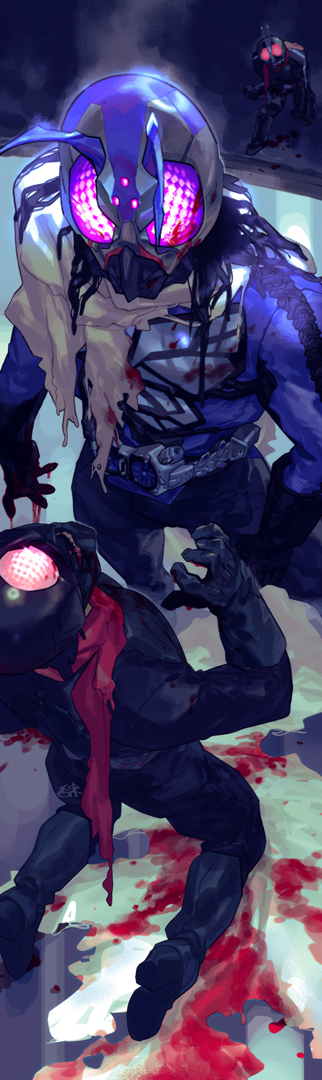 3boys, antennae, blood, blood_on_ground, blood_on_hands, commentary_request, compound_eyes, gloves