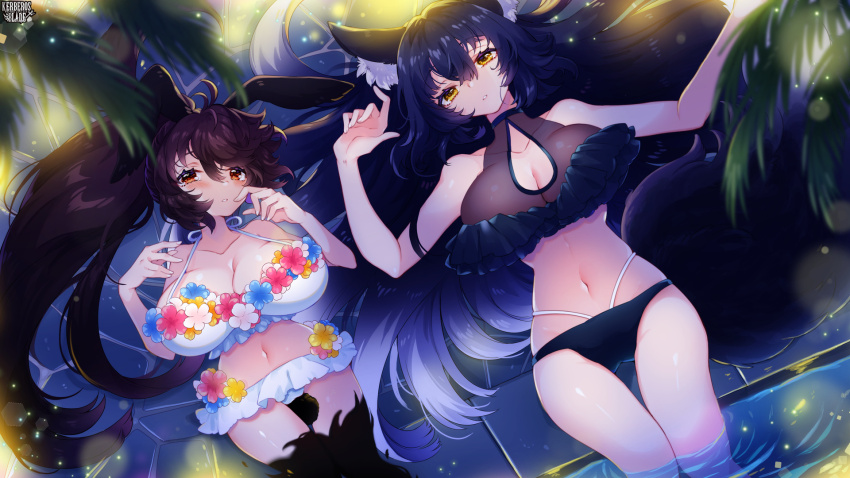 2girls, animal_ear_fluff, animal_ears, bikini, black_bikini, black_hair, blush, breasts