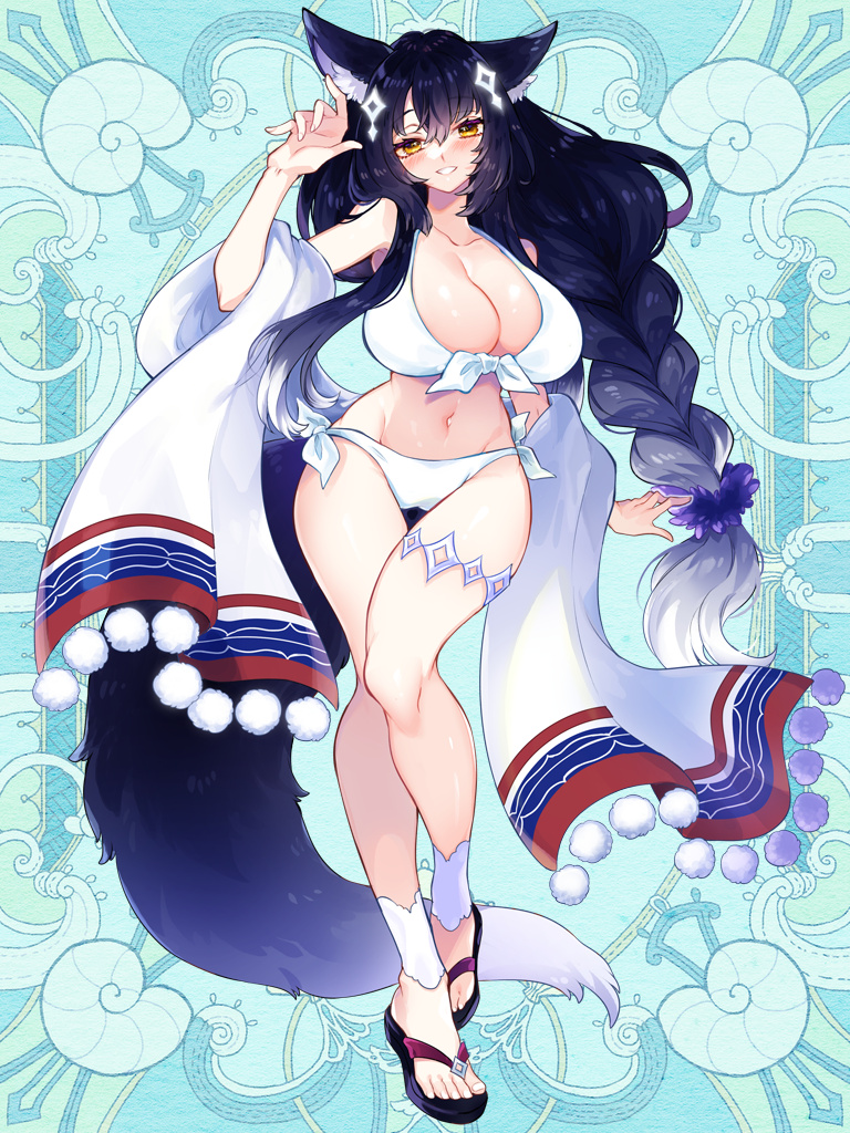 1girl, animal_ears, bikini, black_hair, blue_background, braid, breasts, flip-flops