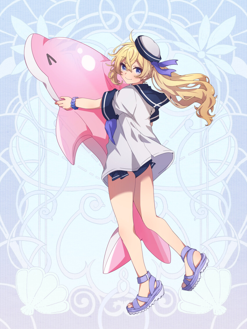 1girl, blonde_hair, blue_background, blue_eyes, bow, bracelet, chain_paradox, dolphin