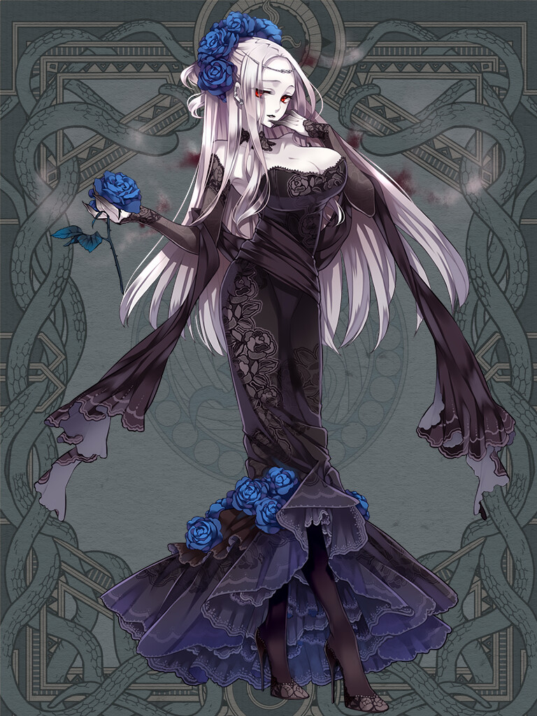 1girl, black_dress, black_pantyhose, black_shoes, blue_flower, blue_rose, breasts, circlet