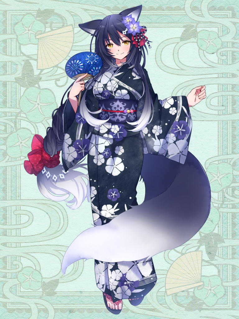 1girl, animal_ears, black_hair, black_kimono, braid, breasts, flower, hair_flower