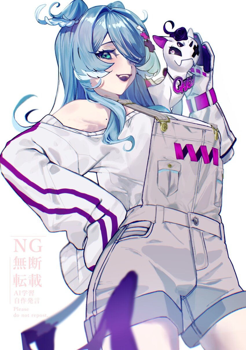 1girl, animal, animal_on_shoulder, blue_eyes, blue_hair, blue_wings, breasts, dragon