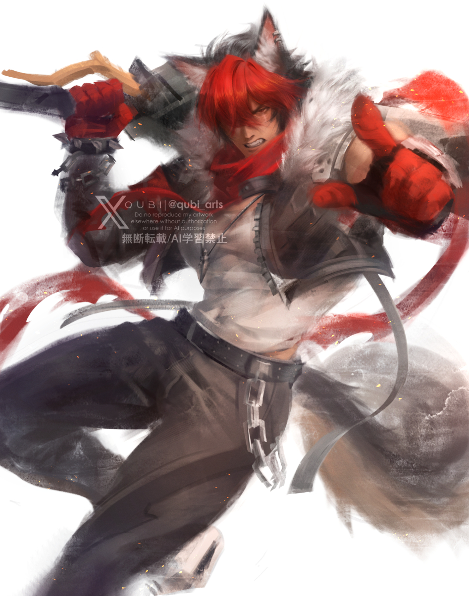 1boy, animal_ear_fluff, animal_ear_piercing, animal_ears, bandaged_arm, bandages, billy_kid, billy_kid_(cosplay)