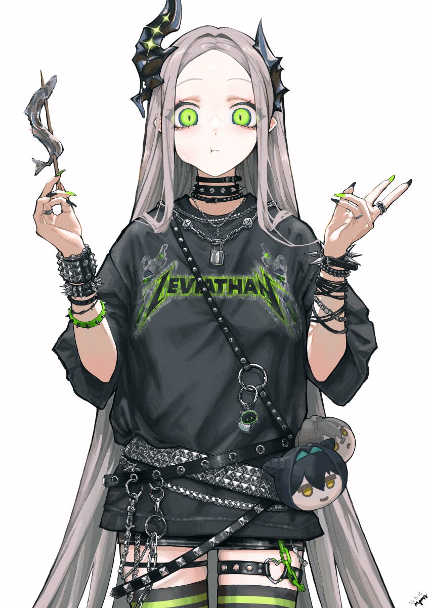 1girl, :t, absurdres, alternate_costume, black_choker, black_horns, black_nails, black_shirt
