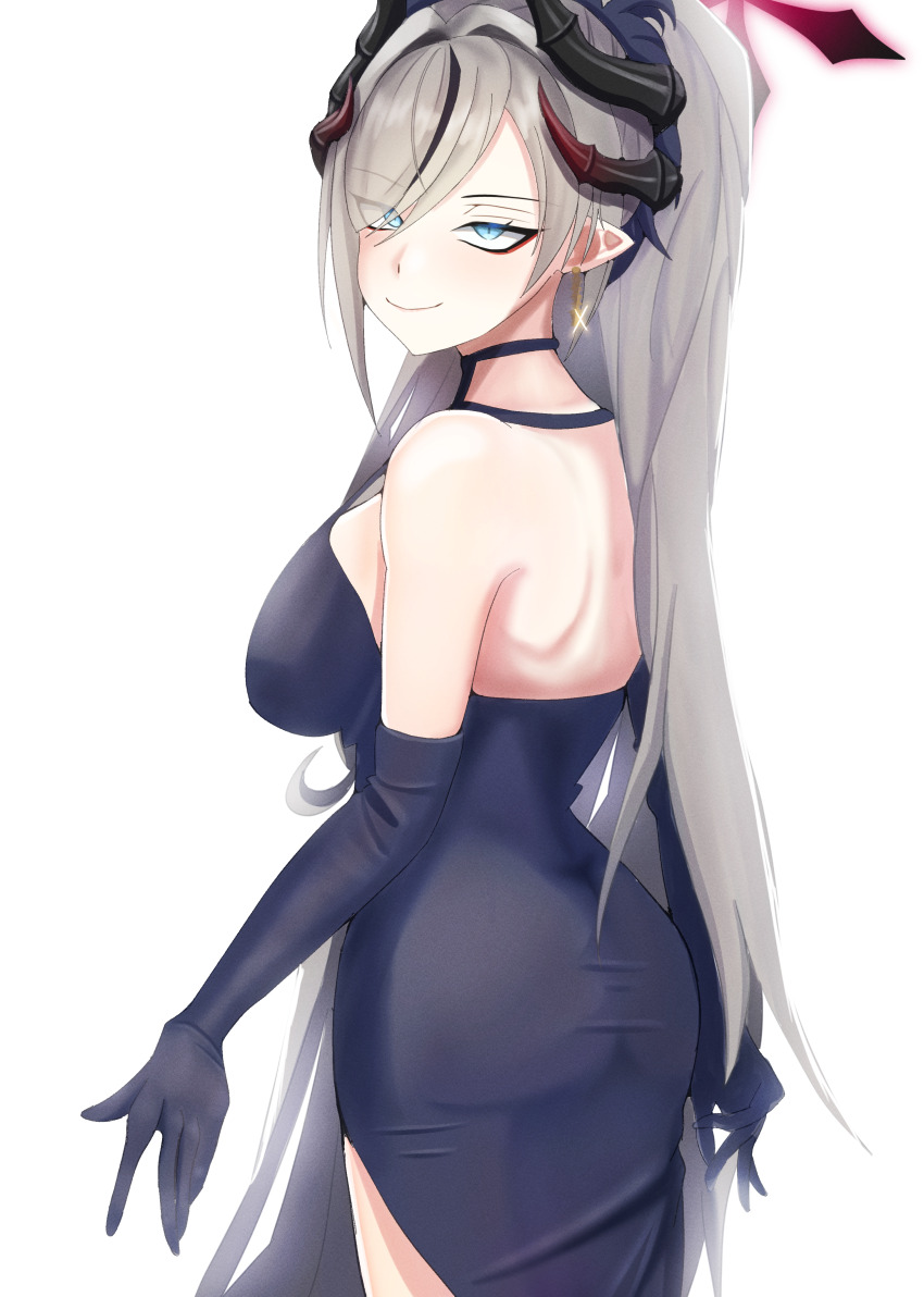 1girl, absurdres, bare_shoulders, black_dress, black_gloves, blue_archive, blue_eyes, breasts
