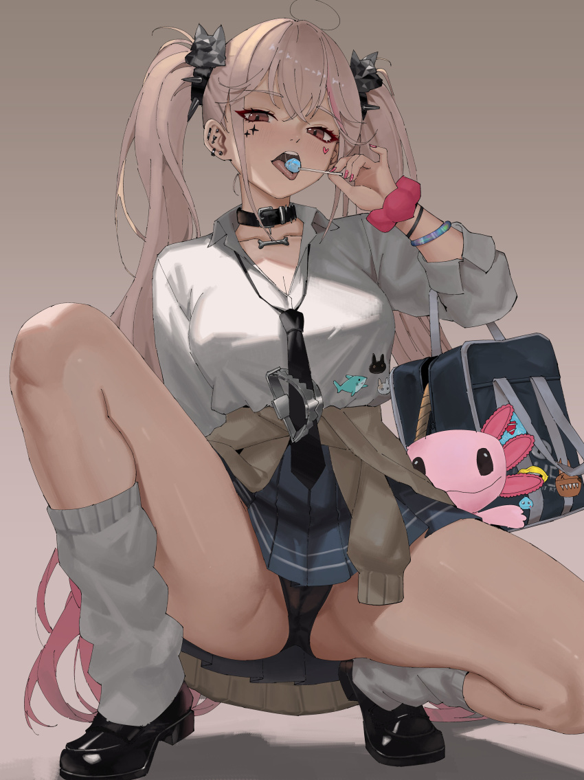 1girl, absurdres, bag, bear_trap, belt_collar, black_choker, black_necktie, black_shoes