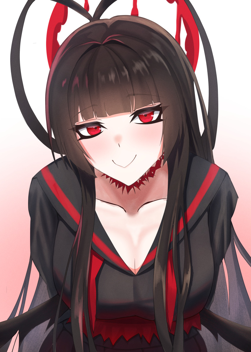 1girl, absurdres, ahoge, antenna_hair, arms_behind_back, black_hair, blood, blood_halo