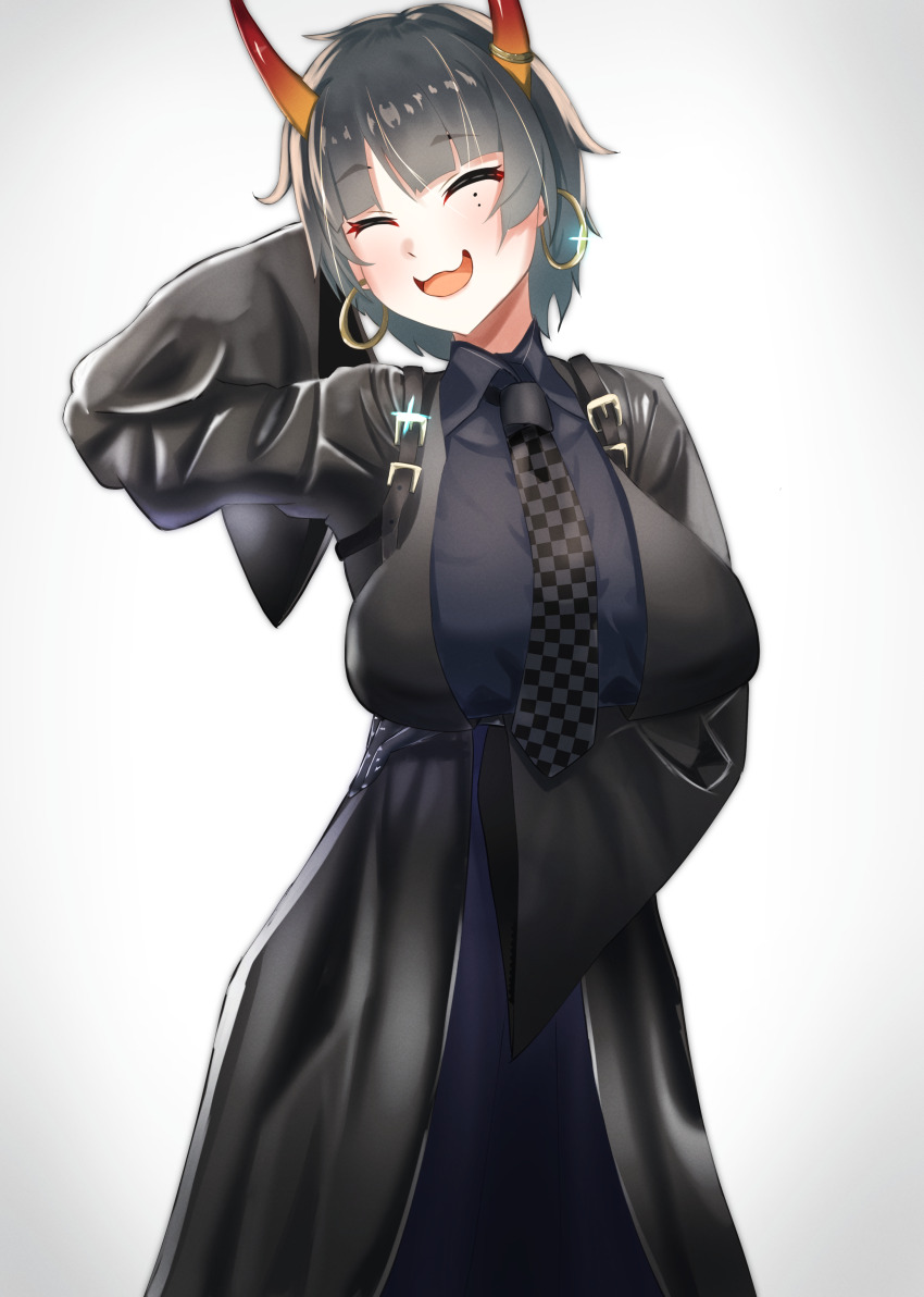 1girl, absurdres, arm_behind_head, black_necktie, blue_archive, breasts, closed_eyes, collared_shirt