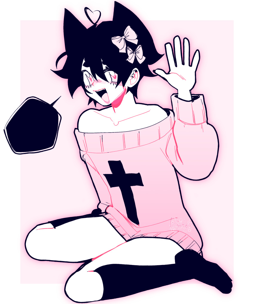 1boy, absurdres, black_hair, collarbone, colored_skin, crossdressing, crossdressing_(mtf), dreamalgia, elliott_kinoshita, eyelashes, hair_ears, highres, male_focus, open_mouth, original, pale_skin, pastel_goth, short_hair, sitting, smile, solo, speech_bubble, wariza, white_skin