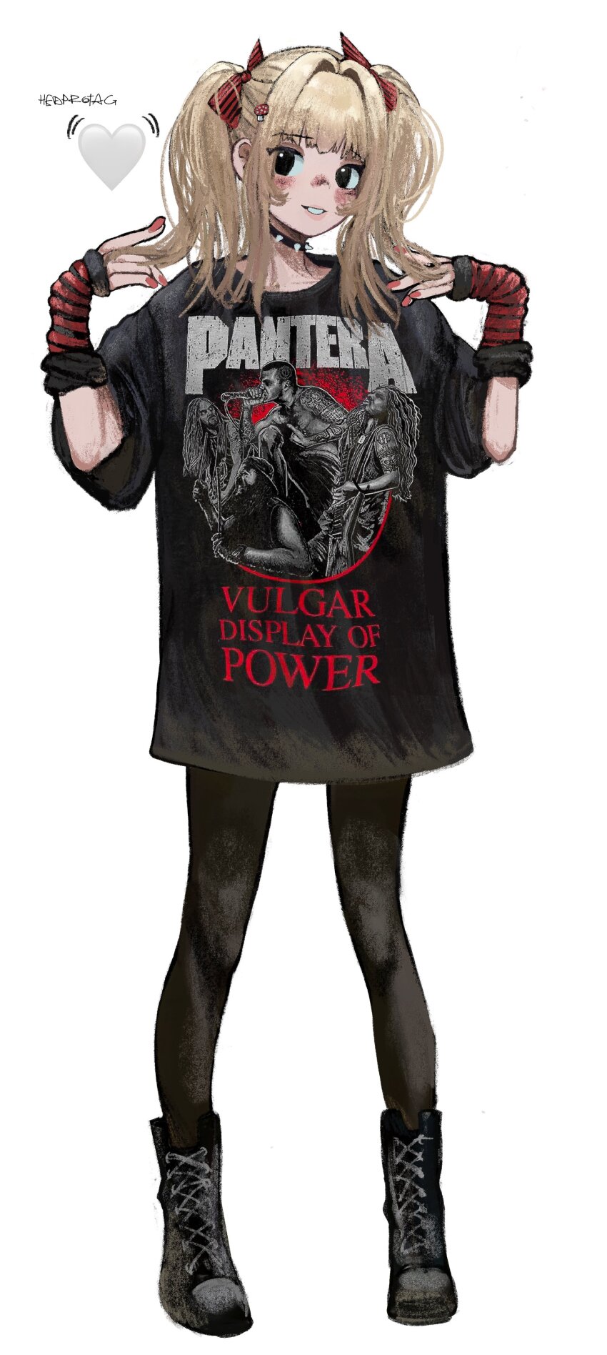 1girl, absurdres, arm_warmers, band_shirt, black_boots, black_choker, black_eyes, black_thighhighs