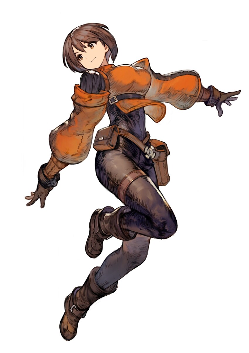 1girl, arm_armor, armor, belt_pouch, black_bodysuit, bob_cut, bodysuit, boots