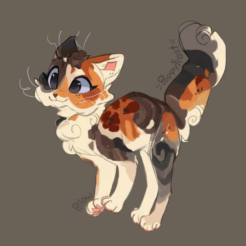 animal, animal_focus, artist_name, blue_eyes, brown_background, calico_(pattern), calico_cat, cat, character_name, commentary, english_commentary, fluffy, full_body, graypillow, highres, no_humans, pawpads, poppyfrost, power_of_three, simple_background, solo, tachi-e, warrior_cats, whiskers