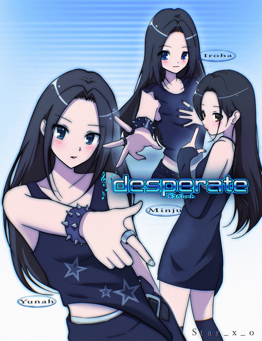 3girls, animification, artist_name, belt, black_belt, black_dress, black_hair, black_nails, black_pants, black_shirt, black_tank_top, blush, bracelet, brown_eyes, character_name, cropped_shirt, detached_sleeves, dress, expressionless, finger_gun, grey_nails, hair_behind_ear, hair_between_eyes, highres, illit, iroha_(illit), jewelry, k-pop, long_bangs, long_hair, looking_at_viewer, midriff_peek, minju_(illit), multiple_girls, pants, parted_bangs, real_life, shirt, sleeveless, sleeveless_shirt, sleeves_past_wrists, spiked_bracelet, spikes, star_(symbol), tank_top, xing_(star_x_o), yunah_(illit)