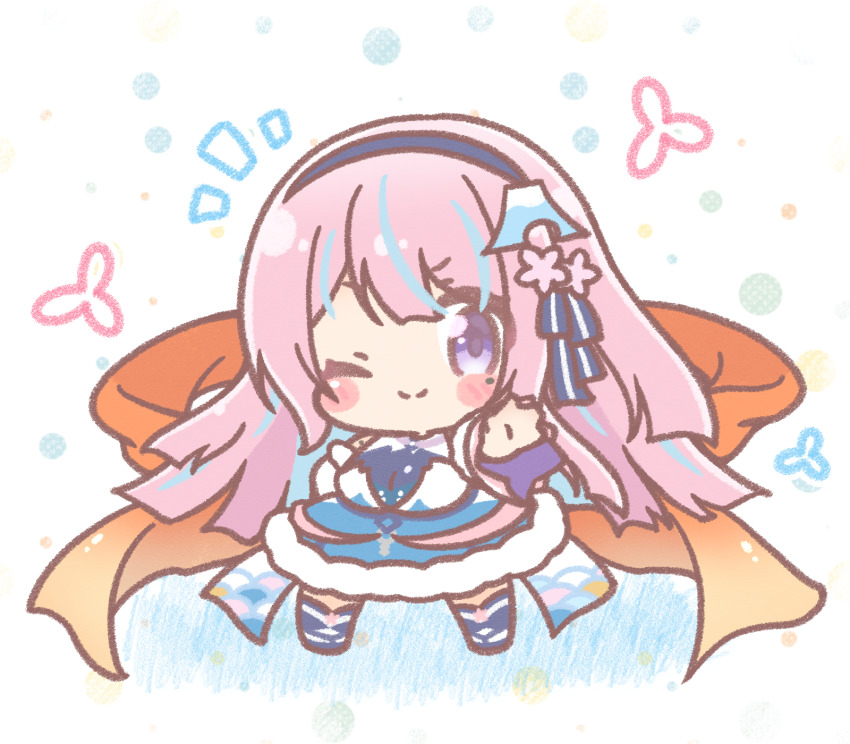 1girl, ;), blue_dress, blue_hair, blue_hairband, blue_sailor_collar, blush_stickers, breasts, character_request, check_character, chibi, closed_mouth, colored_shadow, commentary_request, commission, detached_sleeves, dress, hairband, highres, indie_virtual_youtuber, konohana_sakuya_(vtuber), konohanya_sakuya, large_breasts, long_hair, long_sleeves, mitarashi_neko, mole, mole_under_eye, multicolored_hair, one_eye_closed, pink_hair, pixiv_commission, purple_eyes, sailor_collar, sandals, shadow, smile, solo, standing, streaked_hair, two-tone_hair, unibirth_production, very_long_hair, virtual_youtuber, white_background, white_sleeves, zouri