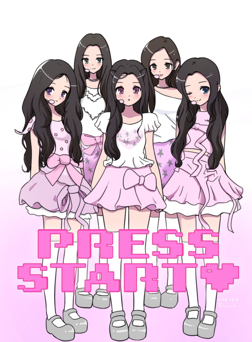 5girls, :o, black_hair, blue_eyes, bow, brown_eyes, brown_hair, grey_eyes