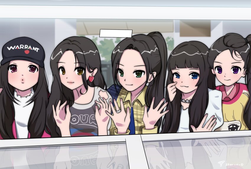 5girls, animification, black_hair, black_shirt, blue_eyes, blush, brown_eyes, collared_shirt