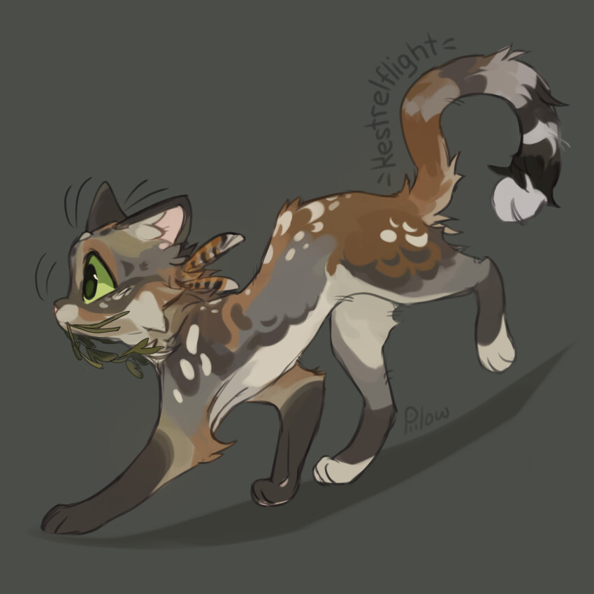 animal, animal_focus, artist_name, cat, character_name, commentary, english_commentary, feather_hair_ornament, feathers, from_side, full_body, graypillow, green_eyes, hair_ornament, highres, kestrelflight, mouth_hold, no_humans, plant, power_of_three, simple_background, solo, tachi-e, tortoiseshell_cat, warrior_cats, whiskers