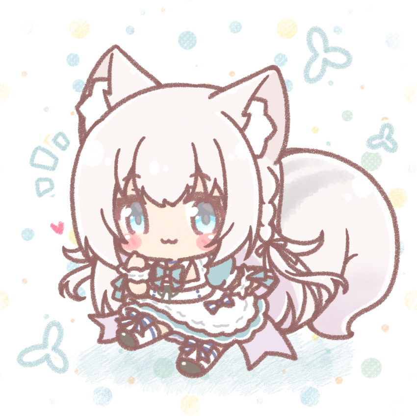 1girl, :3, animal_ear_fluff, animal_ears, apron, black_shoes, blue_bow, blue_dress