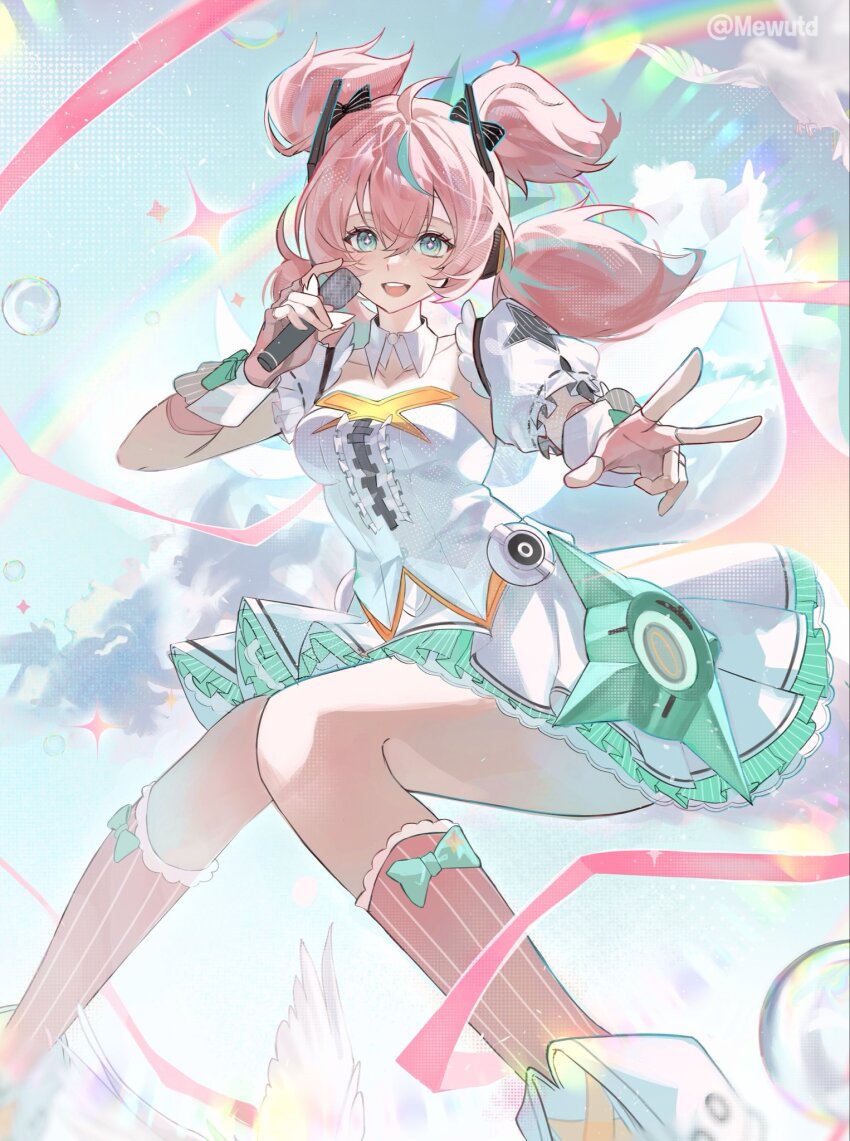 1girl, aqua_hair, aqua_streaks, aria_(zenless_zone_zero), blue_background, blue_eyes, blush, bubble