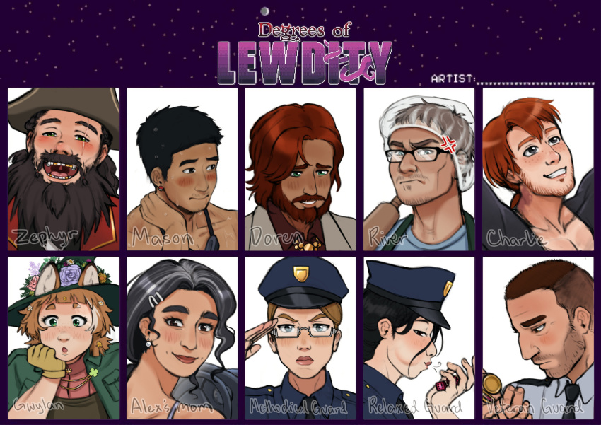 4girls, 6+boys, anger_vein, animal_ears, beard, black-framed_eyewear, black_hair, blush, brown_hair, charlie_(degrees_of_lewdity), charlie_(male)_(degrees_of_lewdity), commentary, degrees_of_lewdity, dice, doren_(degrees_of_lewdity), doren_(male)_(degrees_of_lewdity), earrings, english_commentary, facial_hair, flower, fox_ears, frown, glasses, gloves, goggles, gold_teeth, green_eyes, grey-framed_eyewear, grin, gwylan_(degrees_of_lewdity), gwylan_(female)_(degrees_of_lewdity), hair_flower, hair_ornament, hairclip, hat, hat_flower, highres, jewelry, mason_(degrees_of_lewdity), mason_(male)_(degrees_of_lewdity), monochromepen, multiple_boys, multiple_girls, mustache, necktie, open_mouth, pirate_hat, police_hat, red_hair, river_(degrees_of_lewdity), river_(male)_(degrees_of_lewdity), rolling_pin, scar, scar_across_eye, scar_on_face, shower_cap, smile, steering_wheel, swim_goggles, zephyr_(degrees_of_lewdity), zephyr_(male)_(degrees_of_lewdity)