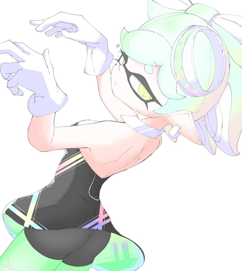 ass, back, bow-shaped_hair, detached_collar, dress, food, food_on_head, gloves