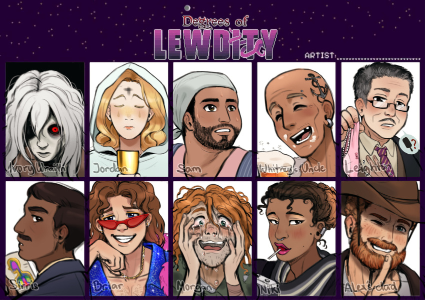 6+boys, anchor_tattoo, bald, beard, black_hair, blonde_hair, blue_eyes, blush, bow, bow_panties, briar_(degrees_of_lewdity), briar_(male)_(degrees_of_lewdity), brown_hair, camera, candy, closed_eyes, closed_mouth, commentary, degrees_of_lewdity, earclip, english_commentary, eyebrow_piercing, face_piercing, facial_hair, food, gold_necklace, green_eyes, hat, highres, holding, holding_unworn_clothes, ivory_wraith, jewelry, jordan_(degrees_of_lewdity), leighton_(degrees_of_lewdity), leighton_(male)_(degrees_of_lewdity), lollipop, mole, mole_on_cheek, monochromepen, morgan_(degrees_of_lewdity), morgan_(male)_(degrees_of_lewdity), multiple_boys, mustache, necklace, necktie, niki_(degrees_of_lewdity), niki_(female)_(degrees_of_lewdity), one_eye_closed, orange_hair, panties, piercing, pink_panties, red-tinted_eyewear, red_eyes, sam_(degrees_of_lewdity), sam_(male)_(degrees_of_lewdity), sirris_(degrees_of_lewdity), sirris_(male)_(degrees_of_lewdity), speech_bubble, striped_clothes, striped_necktie, tattoo, tears, tinted_eyewear, underwear, unworn_panties, white_hair