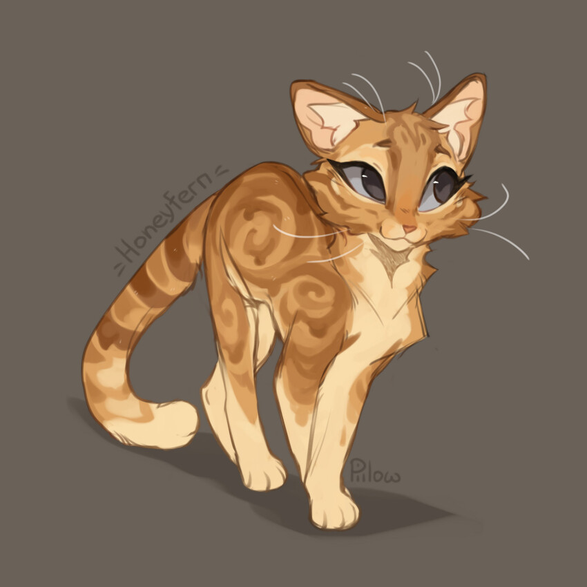 :3, animal, animal_focus, artist_name, brown_background, cat, character_name, commentary, english_commentary, full_body, graypillow, grey_eyes, highres, honeyfern, no_humans, power_of_three, simple_background, solo, tabby_cat, tachi-e, warrior_cats, whiskers, yellow_cat