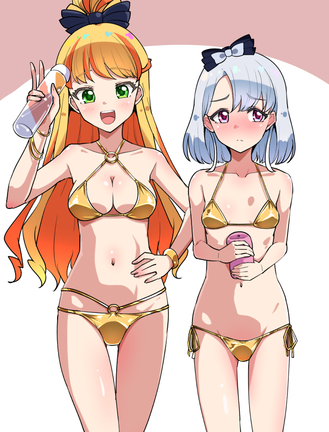 2girls, artificial_vagina, bikini, black_bow, blonde_hair, blush, bow, breasts, closed_mouth, collarbone, gold_bikini, green_eyes, hair_bow, himitsu_no_aipri, igarashi_julia, large_breasts, long_hair, looking_at_viewer, looking_to_the_side, mag_(magbp2119), multicolored_hair, multiple_girls, navel, open_mouth, orange_hair, pink_eyes, pretty_series, rokudou_elle, sex_toy, short_hair, small_breasts, standing, swimsuit, two-tone_hair, v, white_hair
