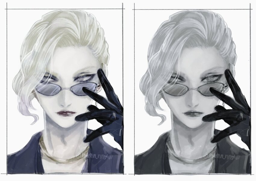 1boy, adjusting_eyewear, bishounen, black_eyeliner, black_eyeshadow, black_gloves, blonde_hair, coat