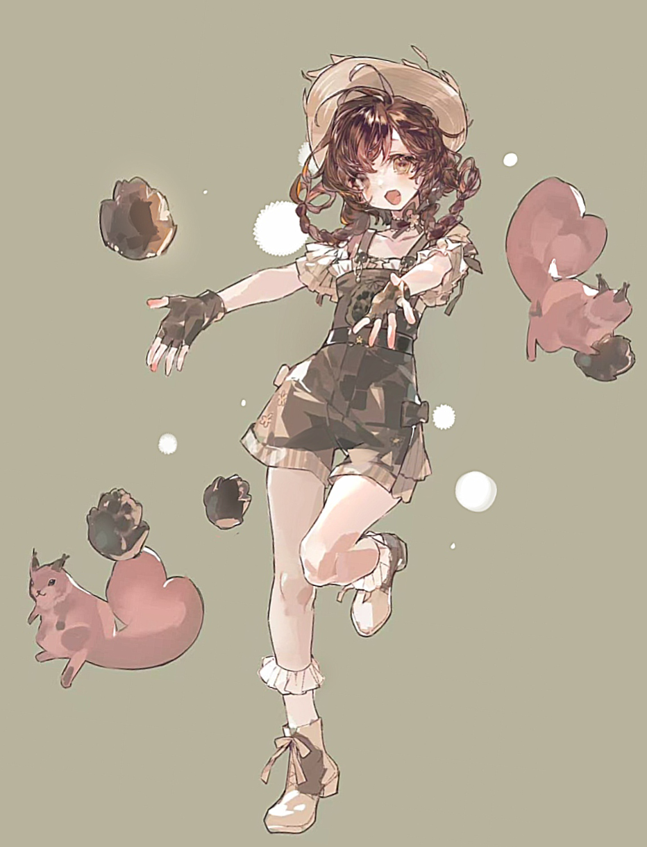 1girl, animal, ankle_socks, black_bow, black_gloves, black_overalls, boots, bow