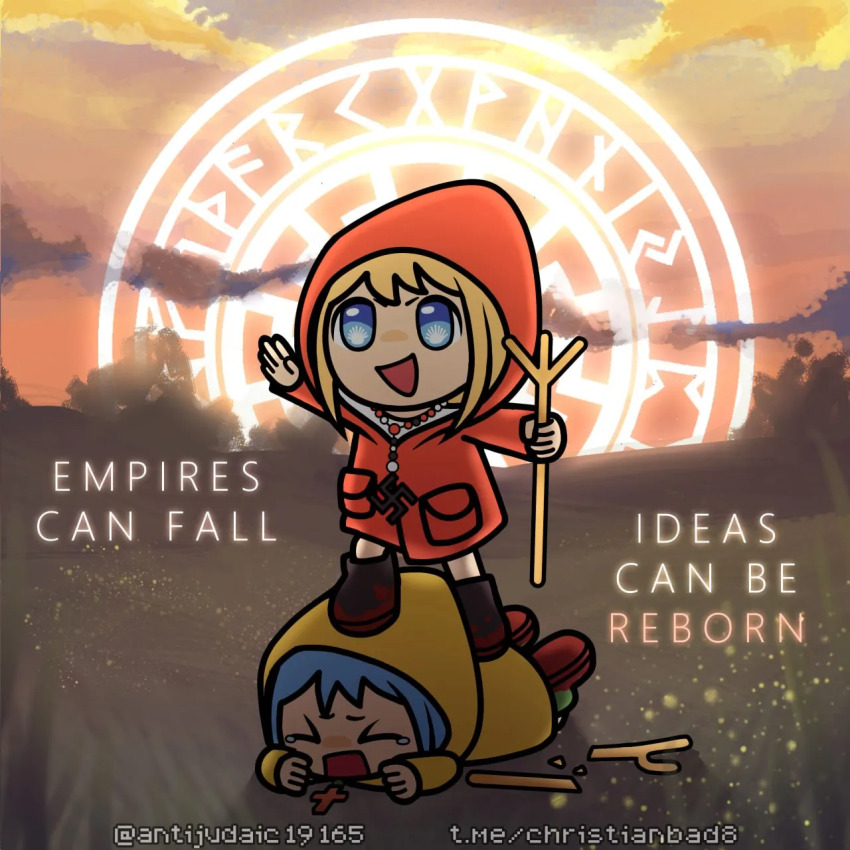 2girls, astrid_(antijudaic), black_sun_(symbol), blonde_hair, blue_eyes, broken_staff, closed_eyes, cross