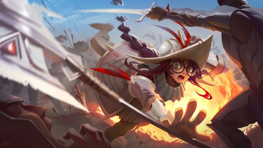 1girl, 3boys, armor, arrow_(projectile), braid, commentary, cutting_hair, english_commentary