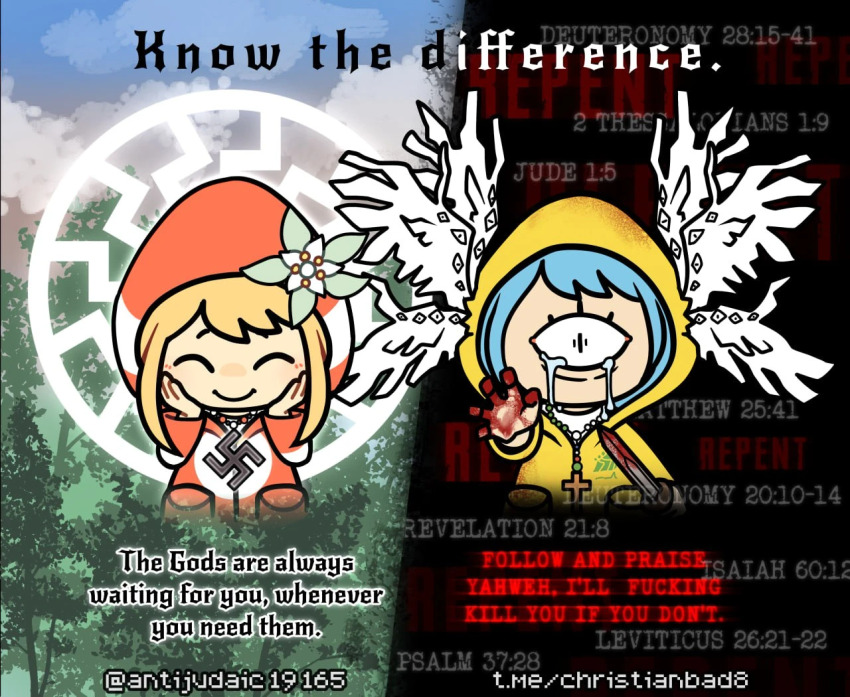 2koma, astrid_(antijudaic), bad_tag, bible_verse, biblically_accurate_angel, black_background, black_sun_(symbol), blood_on_hands