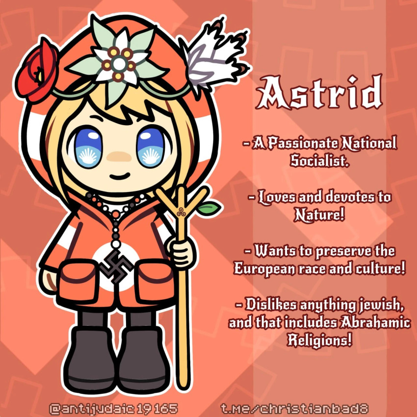 astrid_(antijudaic), black_boots, black_socks, blonde_hair, blue_eyes, boots, english_text, flower