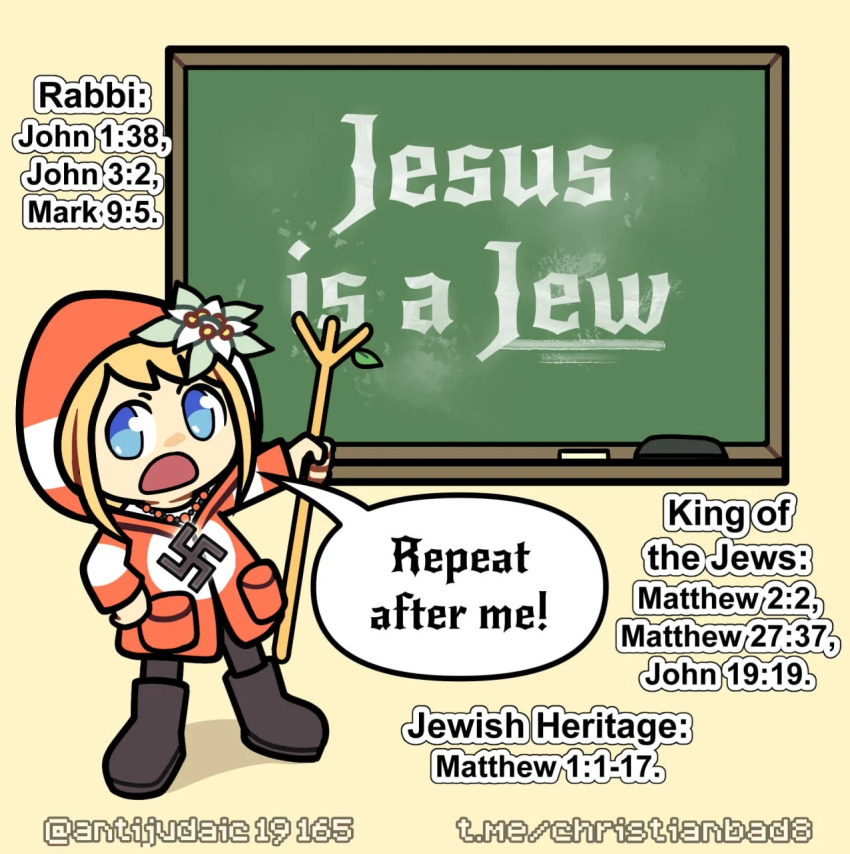 1girl, astrid_(antijudaic), bible_verse, black_boots, black_socks, blue_eyes, boots, chalk