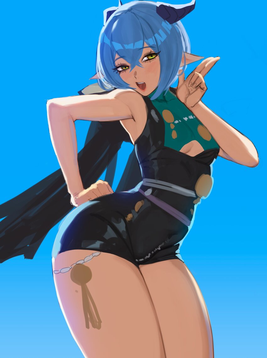 1girl, absurdres, black_cape, black_unitard, blue_background, blue_hair, breasts, cape, commentary, english_commentary, goat_girl, goat_horns, highres, horns, i_s_s_h_i_n, looking_at_viewer, lucia_elowen, medium_breasts, open_mouth, pointy_ears, short_hair, simple_background, solo, thighs, yellow_eyes, zenless_zone_zero