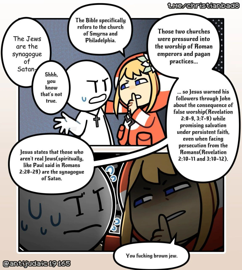 1girl, 2koma, astrid_(antijudaic), bible_verse, blonde_hair, blue_eyes, comic, cross