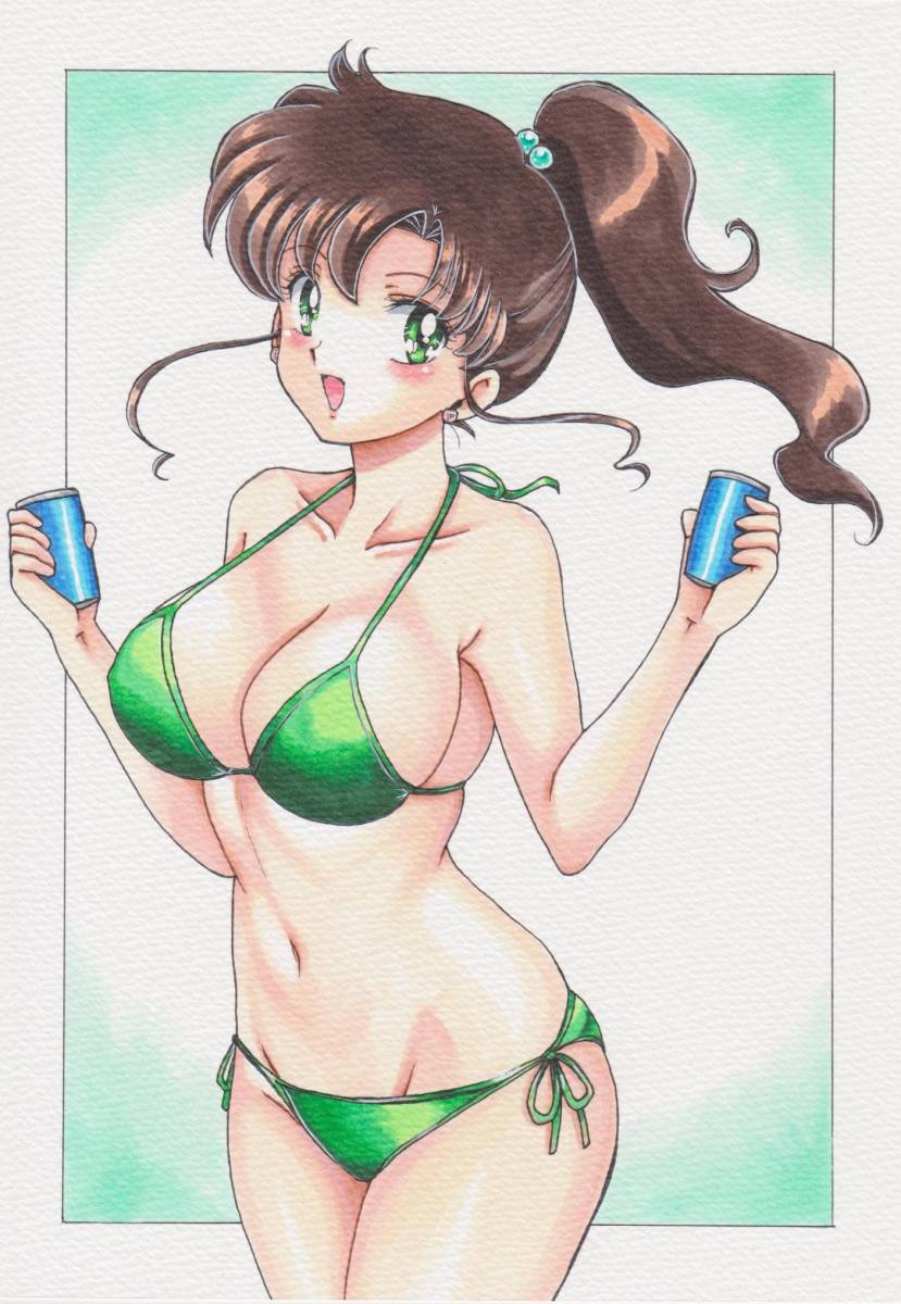 1girl, bikini, bishoujo_senshi_sailor_moon, blush, border, breasts, brown_hair, can